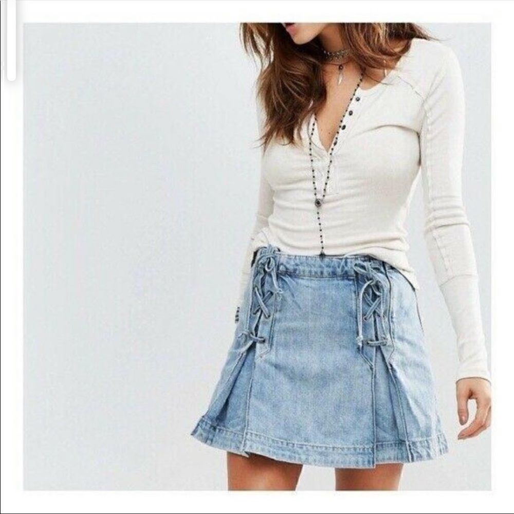 Free People Denim Lace Up Skirt in Light Denim-NWT
